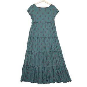 Natural Life Dress Womens XS/S Blue Green Floral Tiered Short Sleeve Boho Maxi